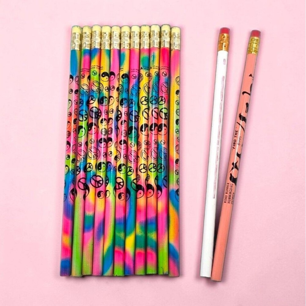 13 Vintage Atlas Pencils 90s Tie Dye Peace Yin Yang Neon Made in USA Unsharpened
